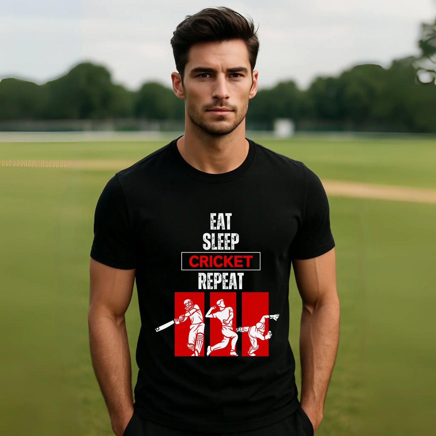 Eat Sleep Cricket Repeat T-Shirt β Men's Cricket Graphic Tee
